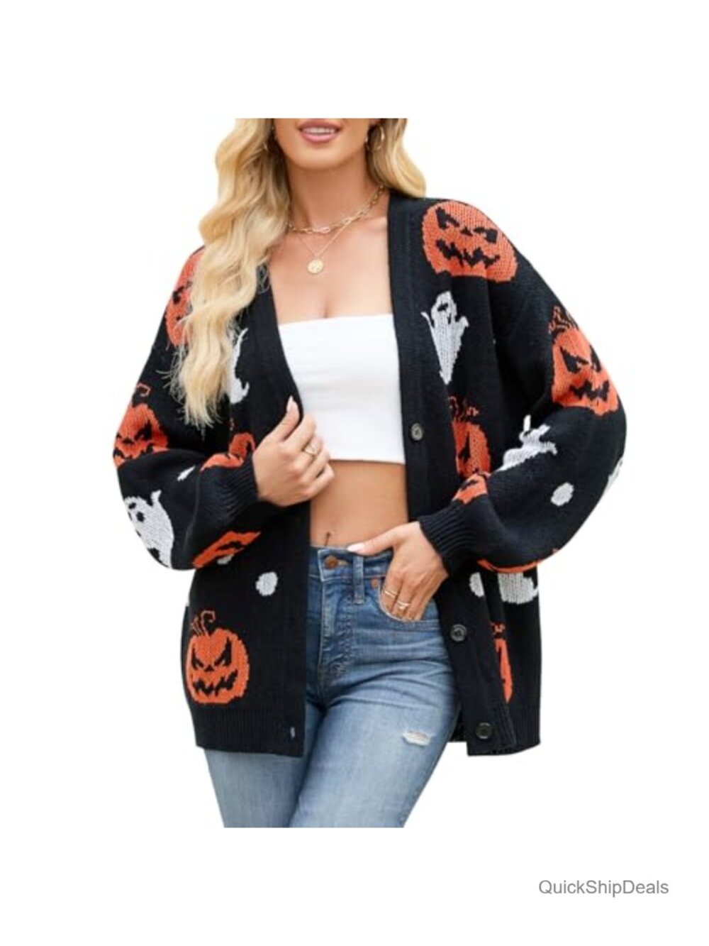 Women Halloween Pumpkin Ghost Cardigan Sweater V-Neck Button Down
